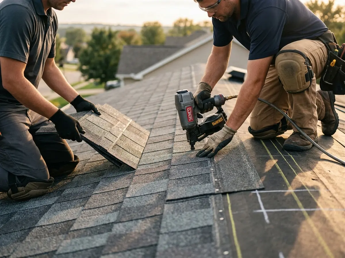 Professional roofer working on a residential roof in Signal Hill